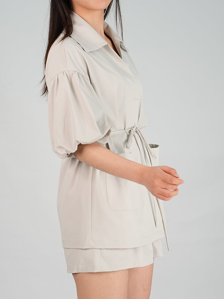 Large Lapel Lantern Sleeve Waist Tie Outwear