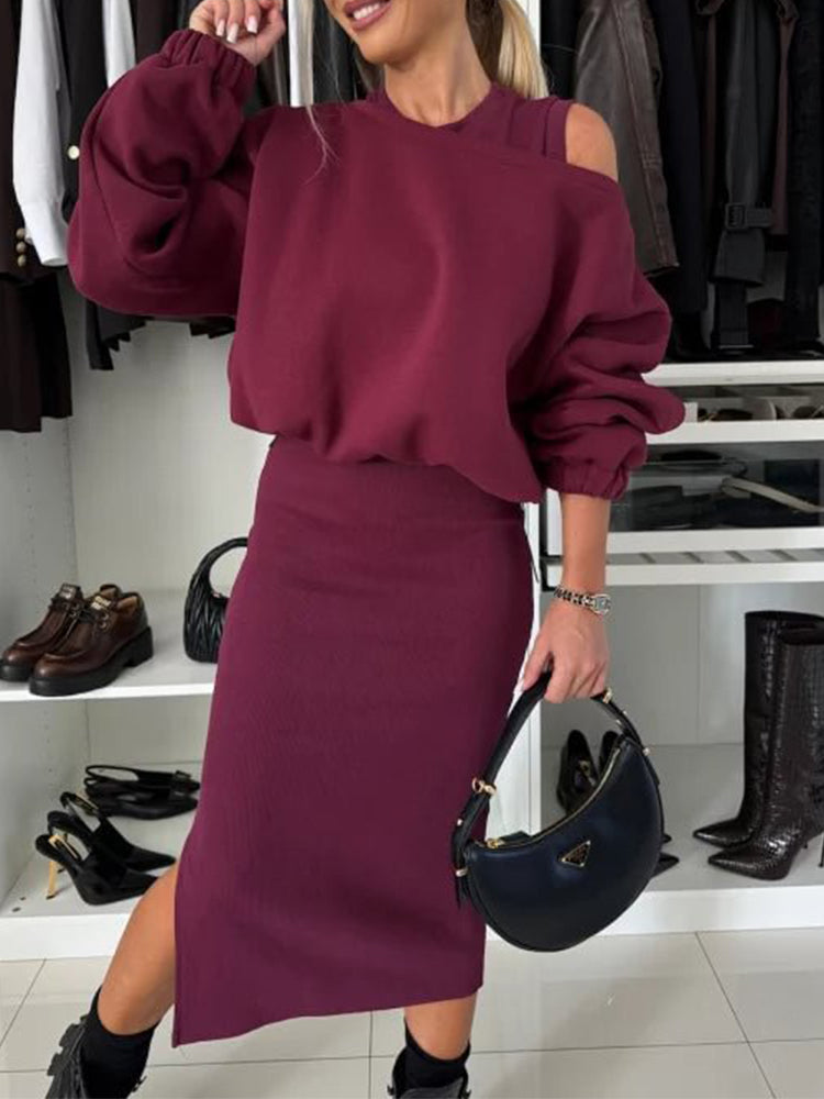 One-shoulder Bat Sleeve Short Sweater Vest Long Skirt Set