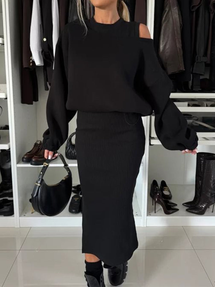 One-shoulder Bat Sleeve Short Sweater Vest Long Skirt Set